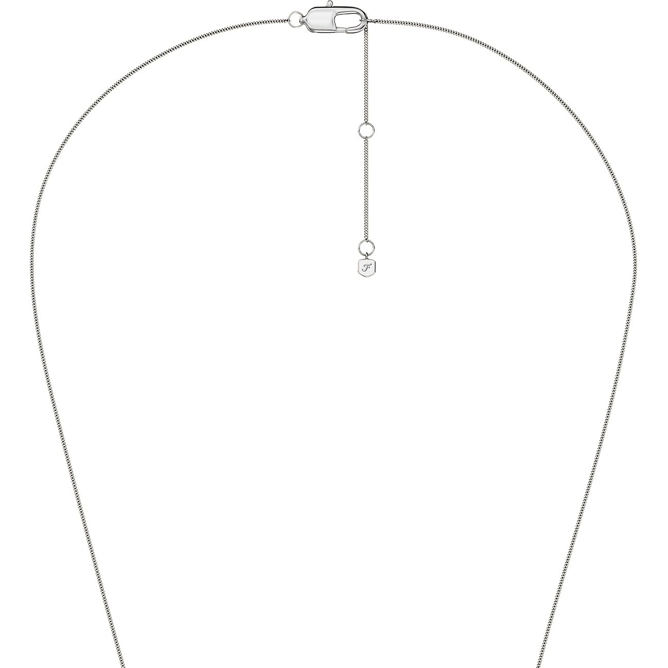 Vue arrière d'un collier Fossil en acier inoxydable avec chaîne d'extension et fermoir mousqueton.