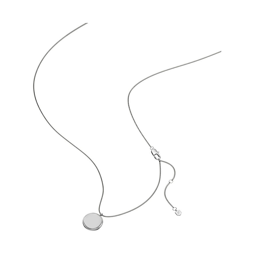 Collier Fossil en acier inoxydable avec pendentif rond et bord finement rainuré sur fond blanc.