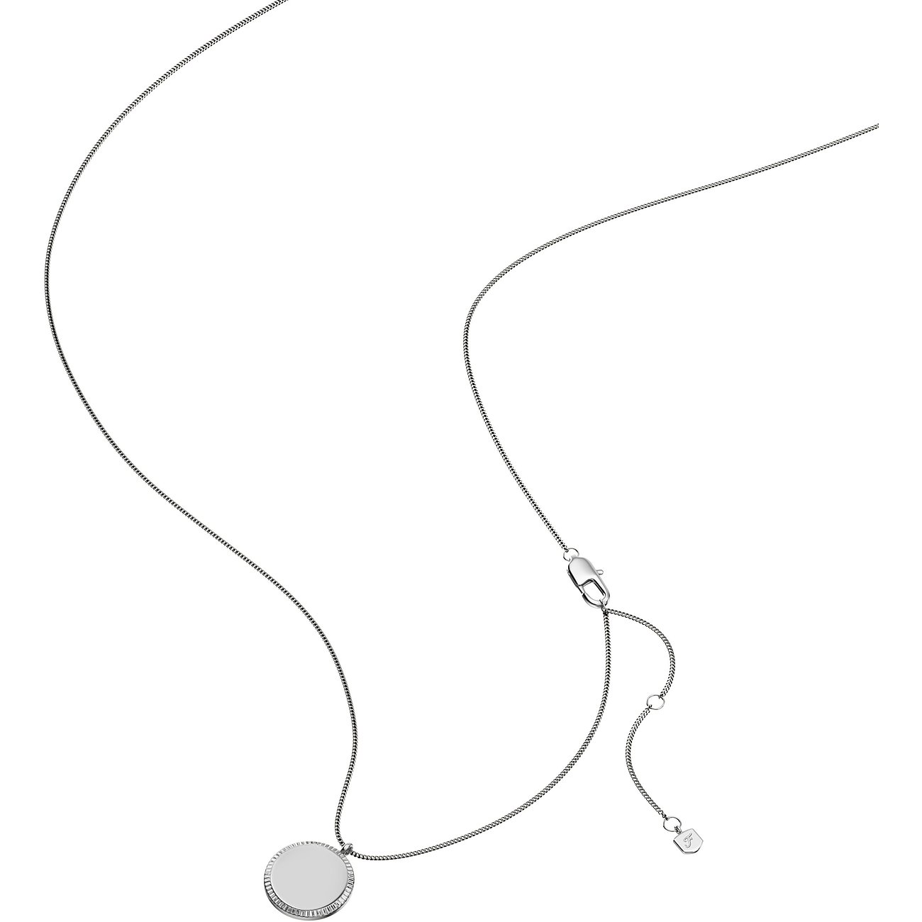 Collier Fossil en acier inoxydable avec pendentif rond et bord finement rainuré sur fond blanc.