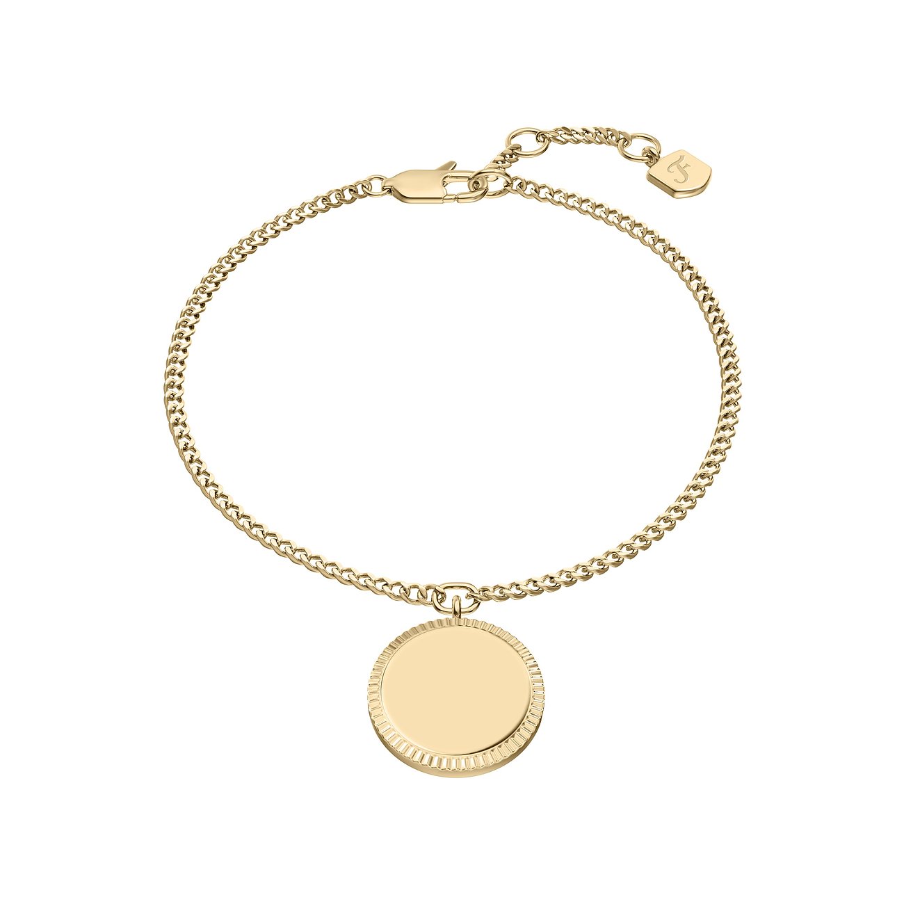 Fossil Armband aus goldfarbenem Edelstahl mit einer Gliederkette und einem runden Anhänger mit Rillenrand.