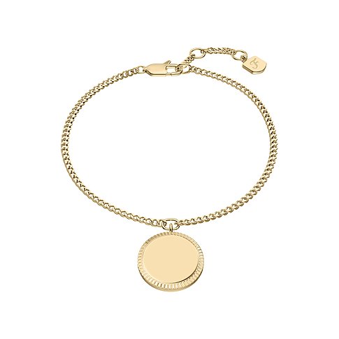 Fossil armband i guldfärgat rostfritt stål med kedja och ett runt räfflat hängsmycke.