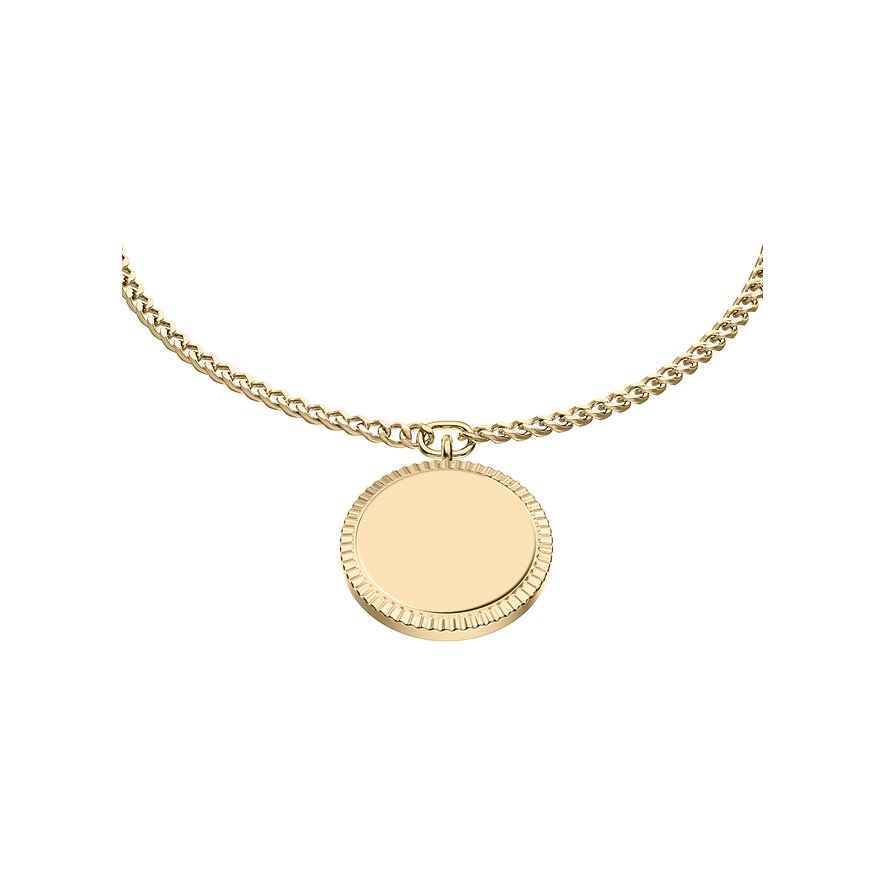 Fossil Edelstahl Armschmuck mit einer goldenen Kette und einem runden, goldfarbenen Anhänger mit geriffeltem Rand.
