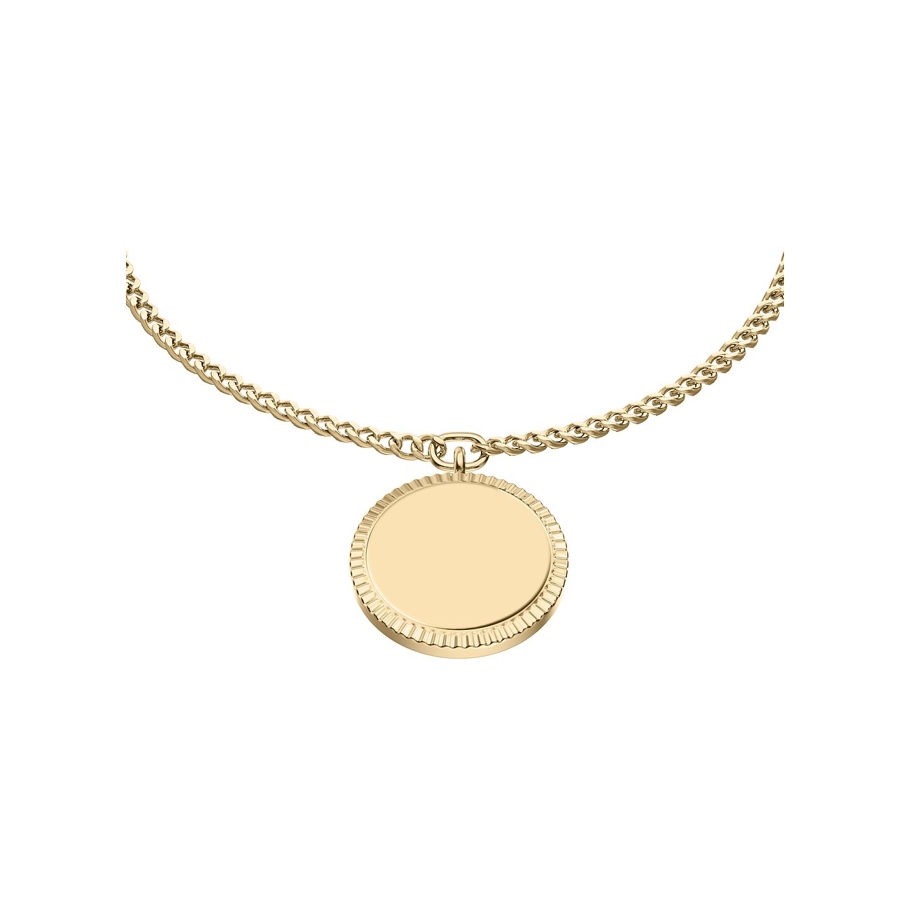 Fossil Edelstahl Armschmuck mit einer goldenen Kette und einem runden, goldfarbenen Anhänger mit geriffeltem Rand.