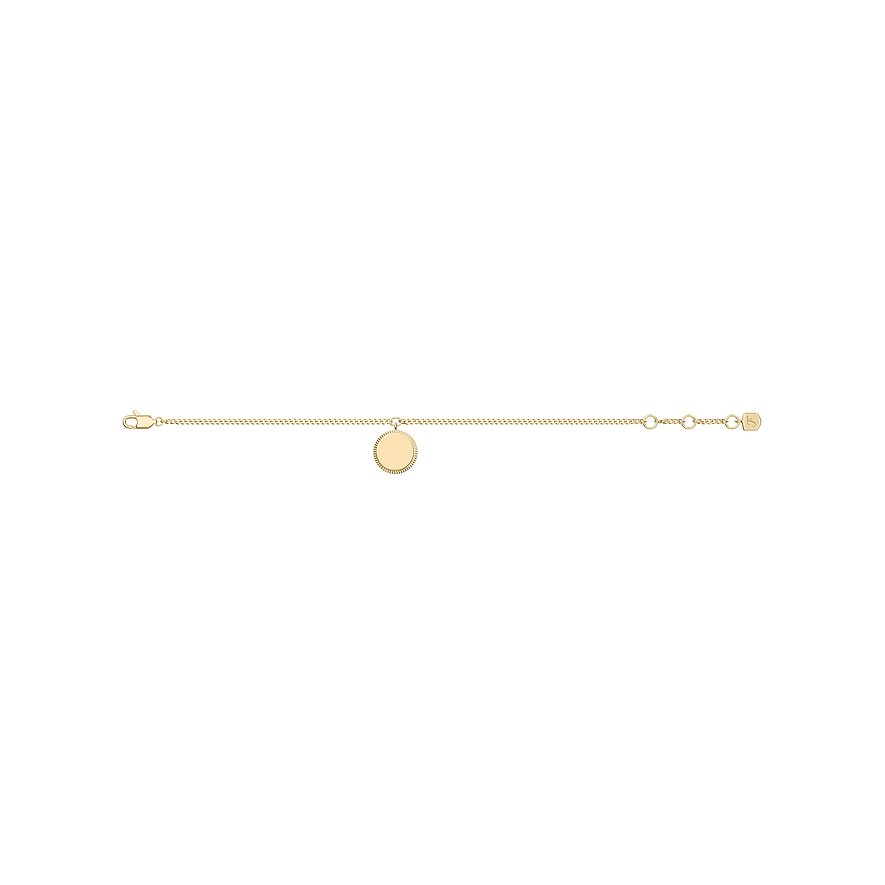 Fossil Armschmuck aus gelbvergoldetem Edelstahl mit einer runden, gravierbaren Plakette.