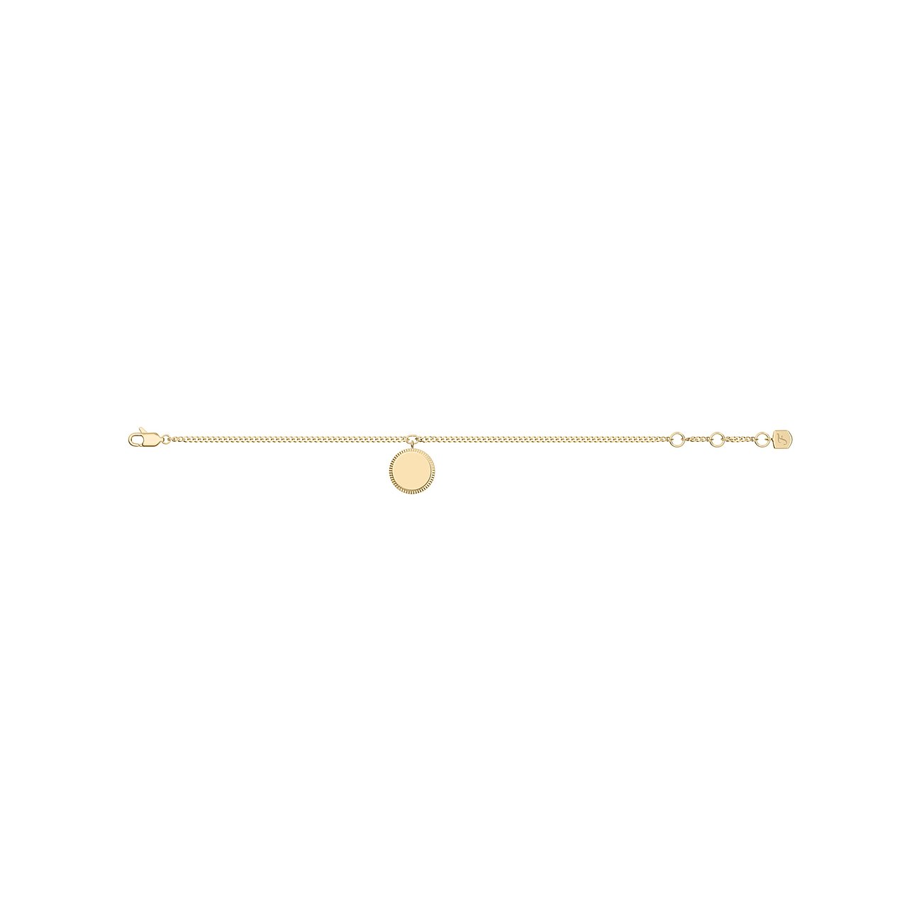 Fossil Armschmuck aus gelbvergoldetem Edelstahl mit einer runden, gravierbaren Plakette.