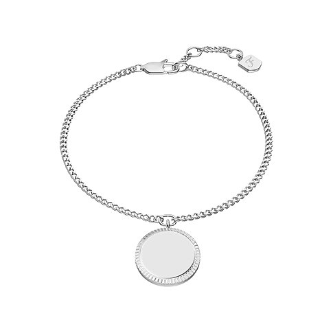 Fossil armbandsmycke i glänsande rostfritt stål med smal kedja och runt, slätt hänge.
