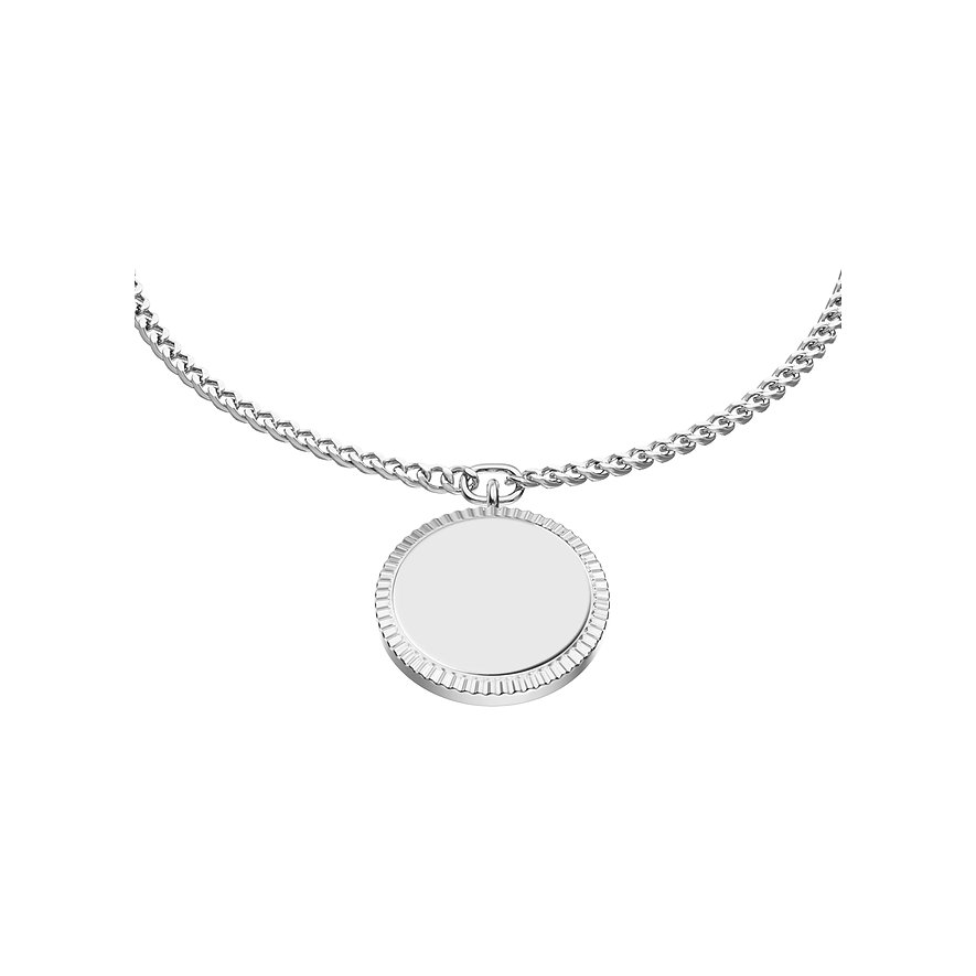 Fossil Armschmuck aus Edelstahl mit Kette und rundem, glänzenden Anhänger mit geriffeltem Rand.
