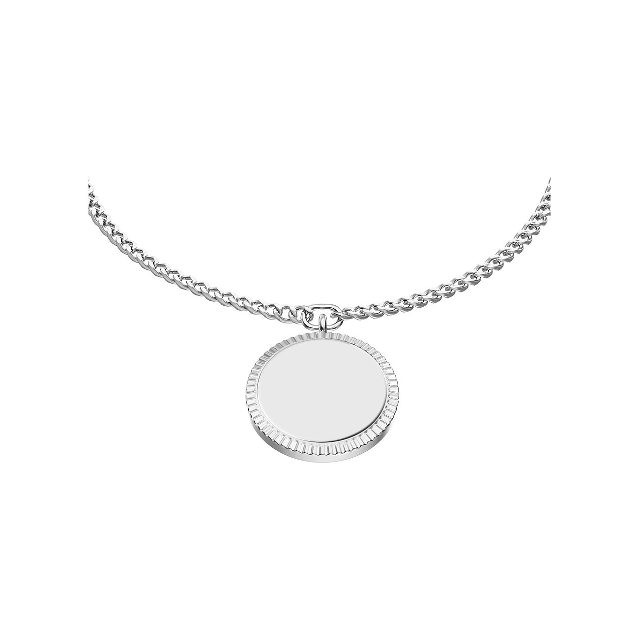 Fossil Armschmuck aus Edelstahl mit Kette und rundem, glänzenden Anhänger mit geriffeltem Rand.