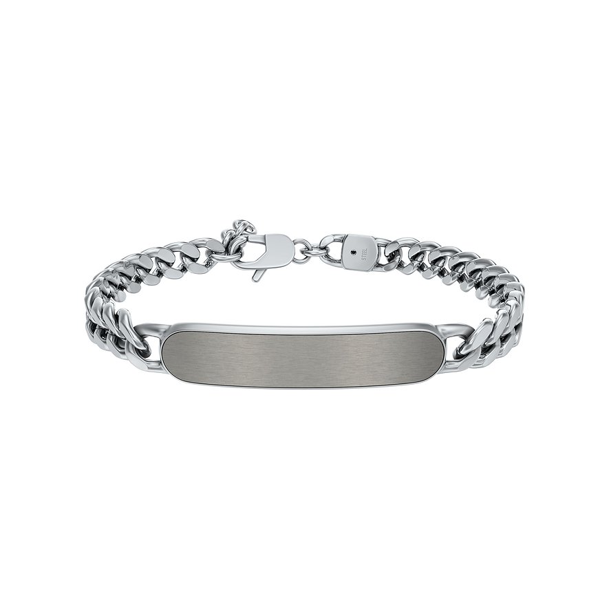 Fossil armband i polerat och borstat rostfritt stål, med karbinhake och graverbar platta.