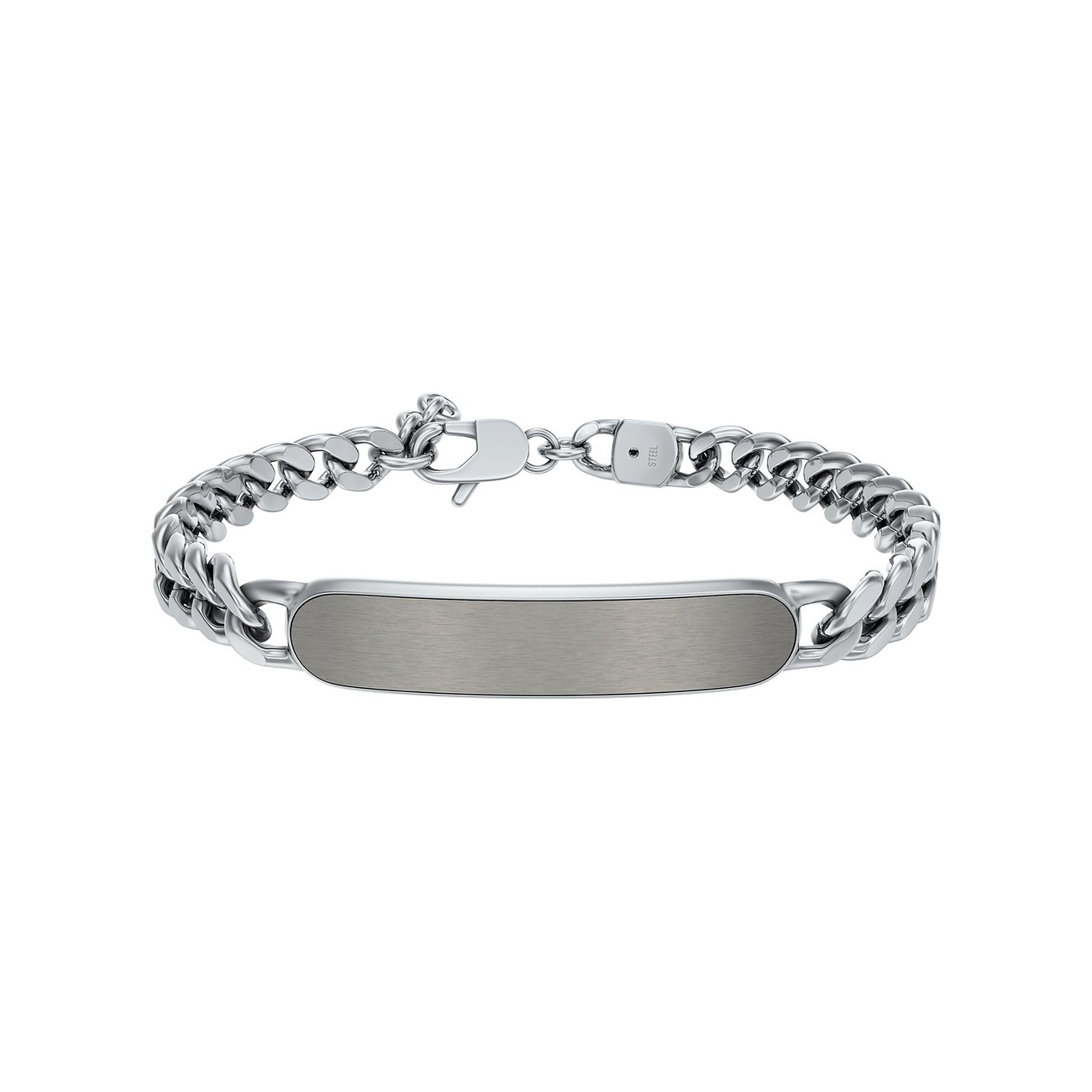 Fossil armband i polerat och borstat rostfritt stål, med karbinhake och graverbar platta.