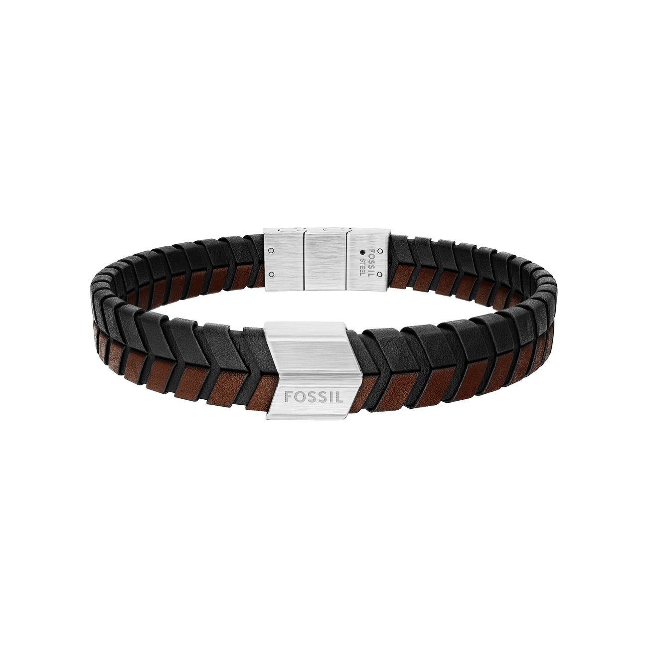 Fossil Armband aus geflochtenem schwarzem und braunem Leder mit einem glänzenden Edelstahlverschluss mit Logo.