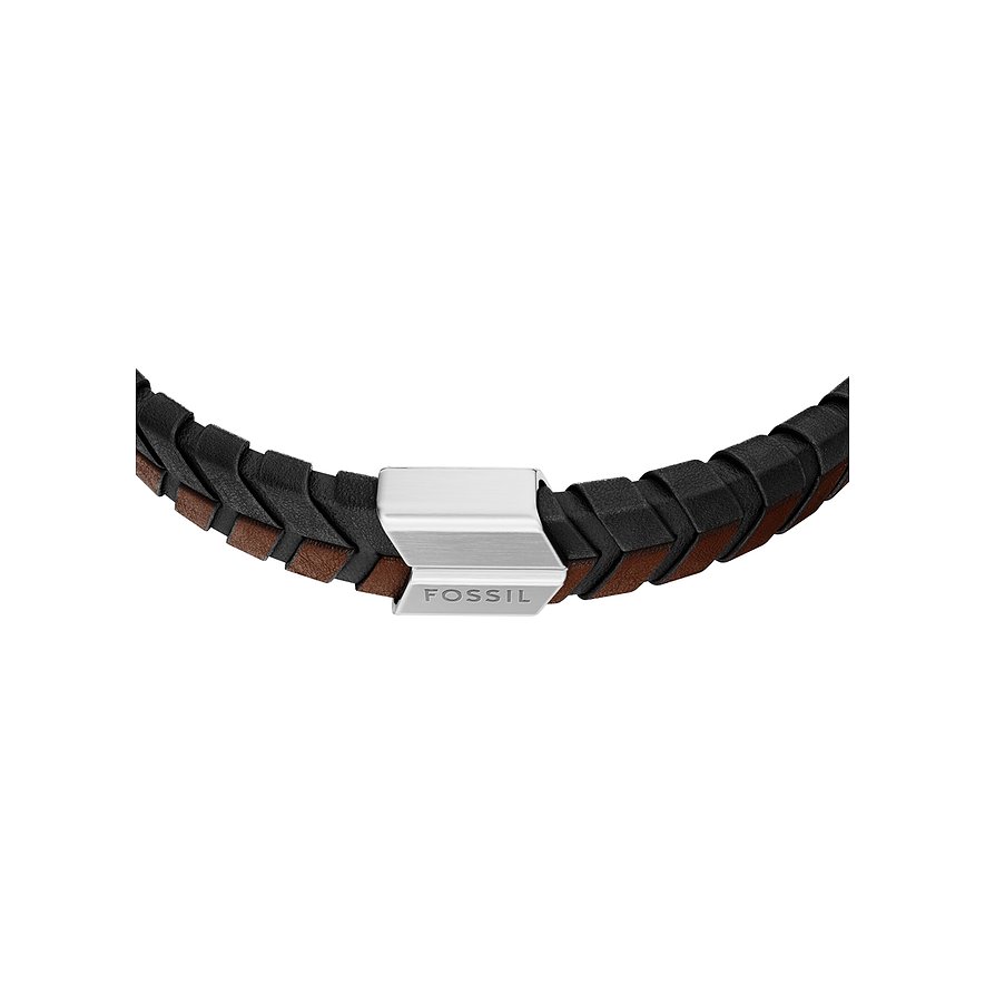 Fossil Lederarmband aus schwarzem und braunem Leder mit einem Edelstahlverschluss, in Nahaufnahme frontal dargestellt.