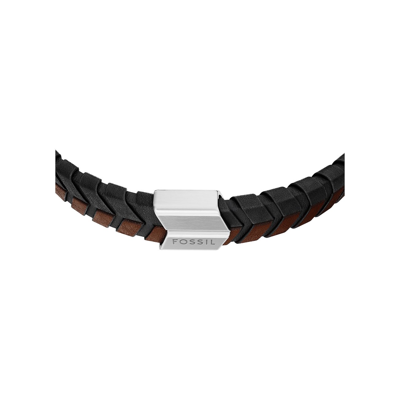 Fossil Lederarmband aus schwarzem und braunem Leder mit einem Edelstahlverschluss, in Nahaufnahme frontal dargestellt.