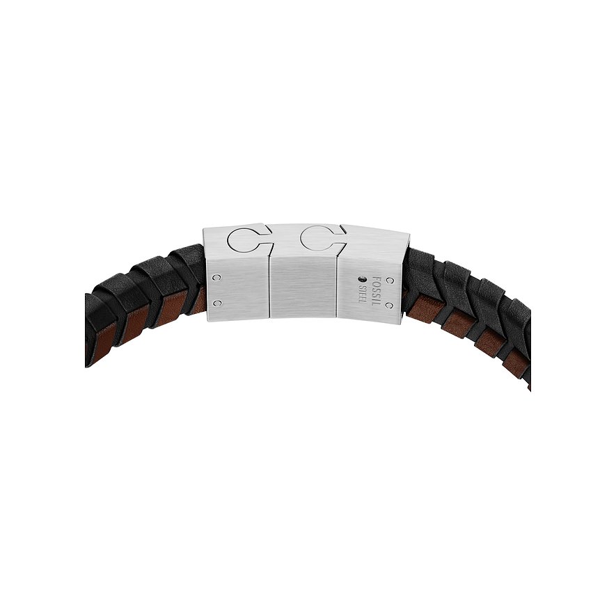 Nahaufnahme eines Fossil Armschmucks aus geflochtenem schwarzem und braunem Leder mit einem Verschluss aus Edelstahl.