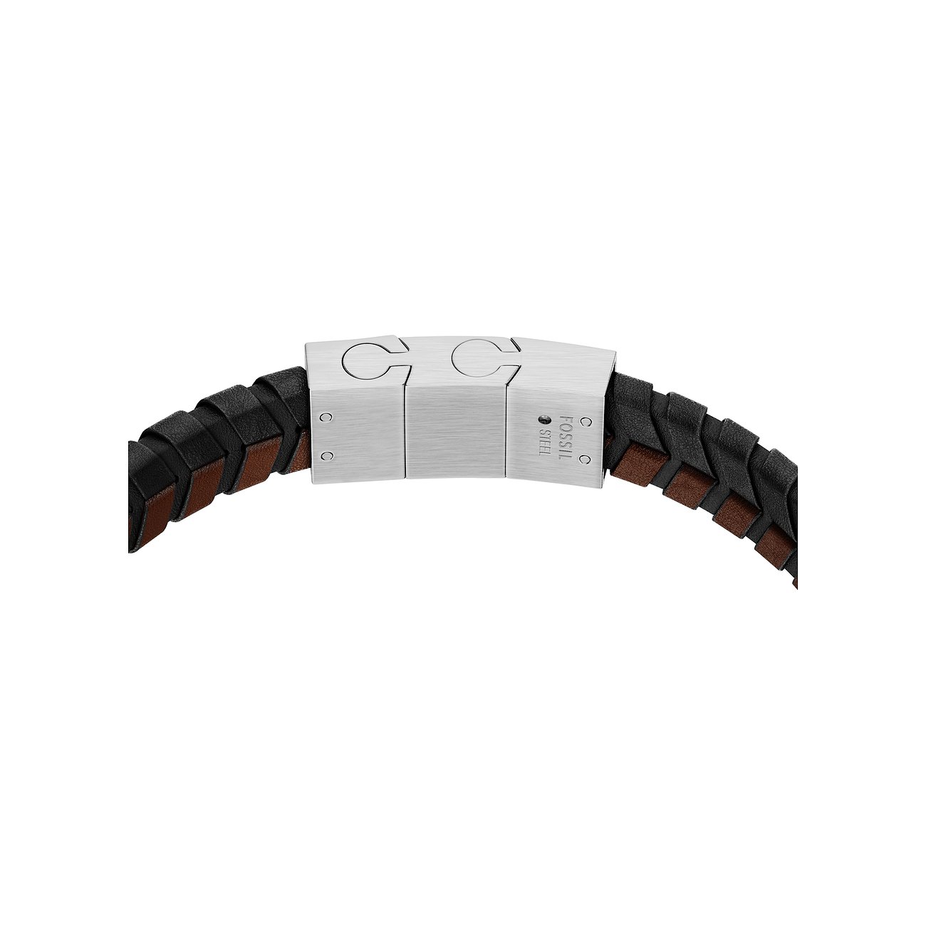 Nahaufnahme eines Fossil Armschmucks aus geflochtenem schwarzem und braunem Leder mit einem Verschluss aus Edelstahl.
