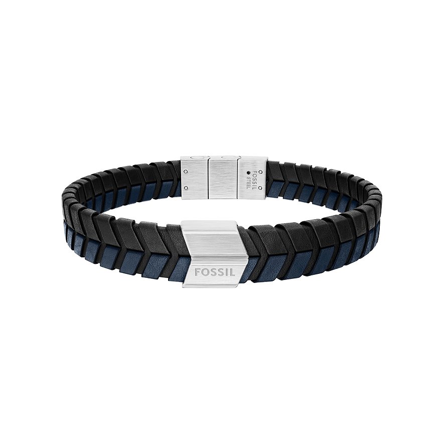 Fossil Armband aus blau-schwarzem Leder und gebürstetem Edelstahl, Logo auf der Mitte des Verschlusses.