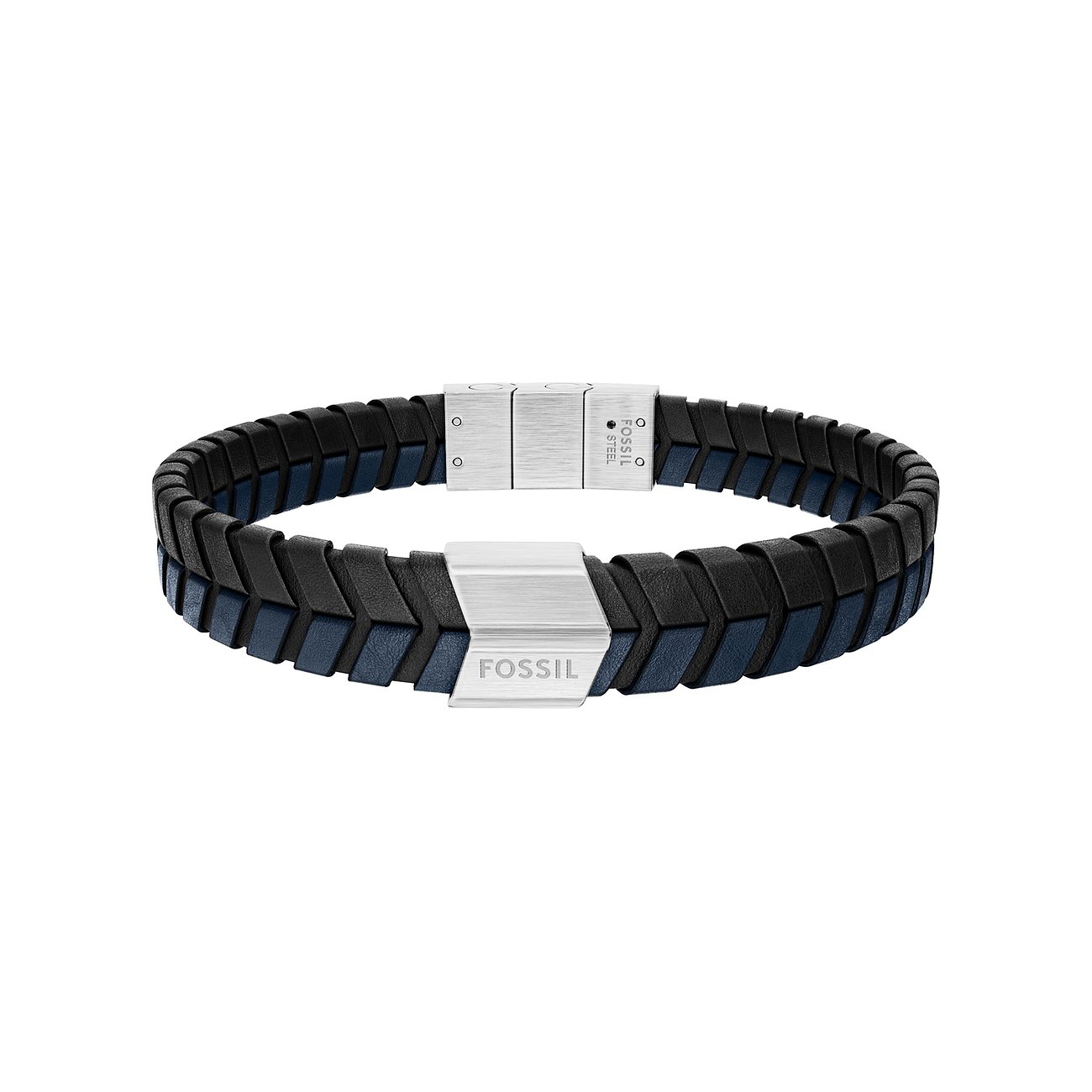Fossil Armband aus blau-schwarzem Leder und gebürstetem Edelstahl, Logo auf der Mitte des Verschlusses.