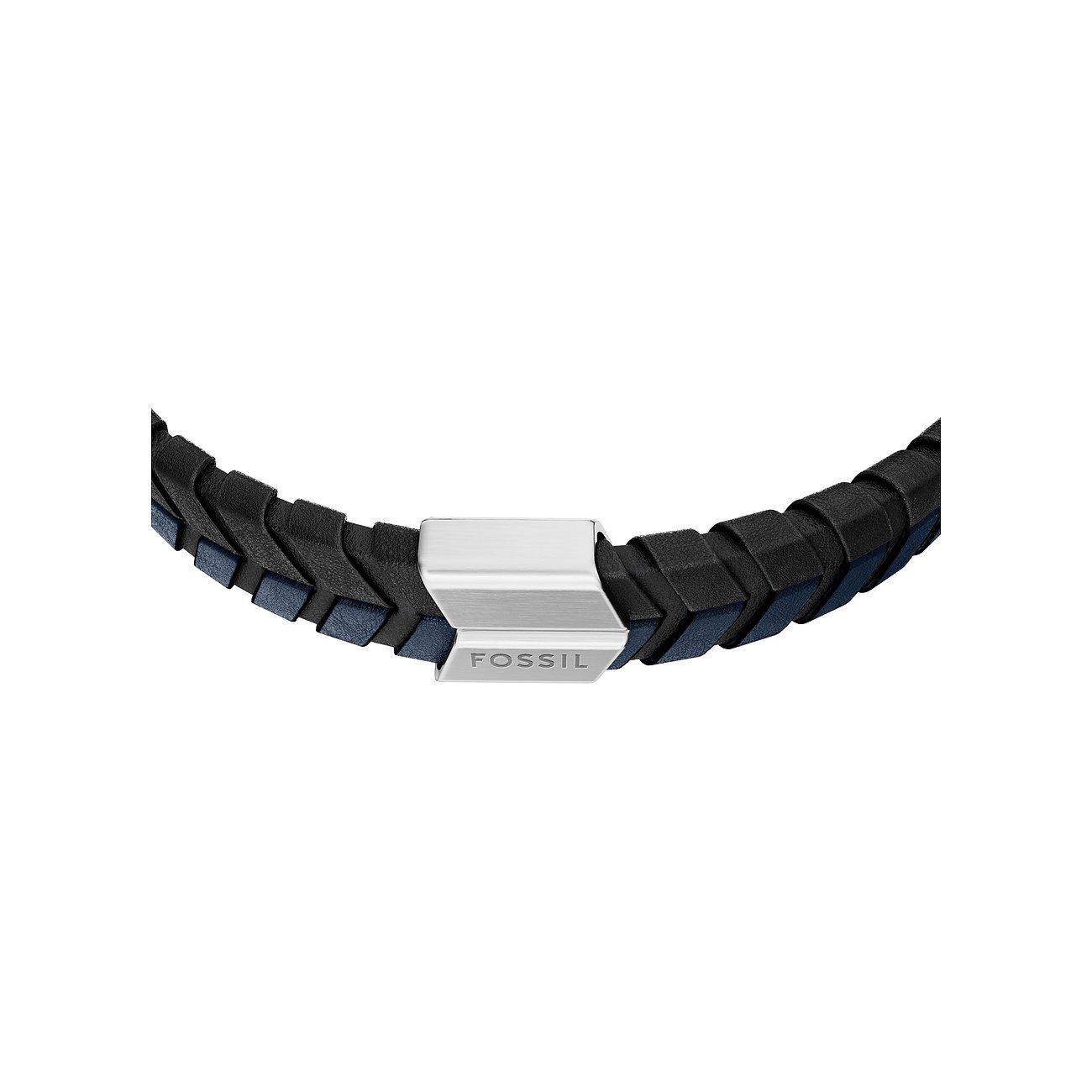 Nahaufnahme eines Fossil Armbands aus schwarzem und blauem Leder mit einem rechteckigen Edelstahlverschluss.
