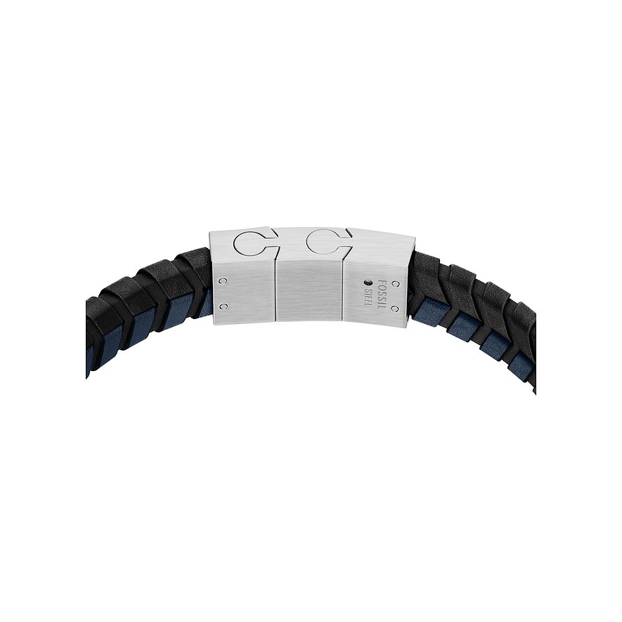 Fossil Armschmuck aus geflochtenem schwarzem und blauem Leder mit gebürsteter Edelstahl-Schließe und Fossil-Gravur.