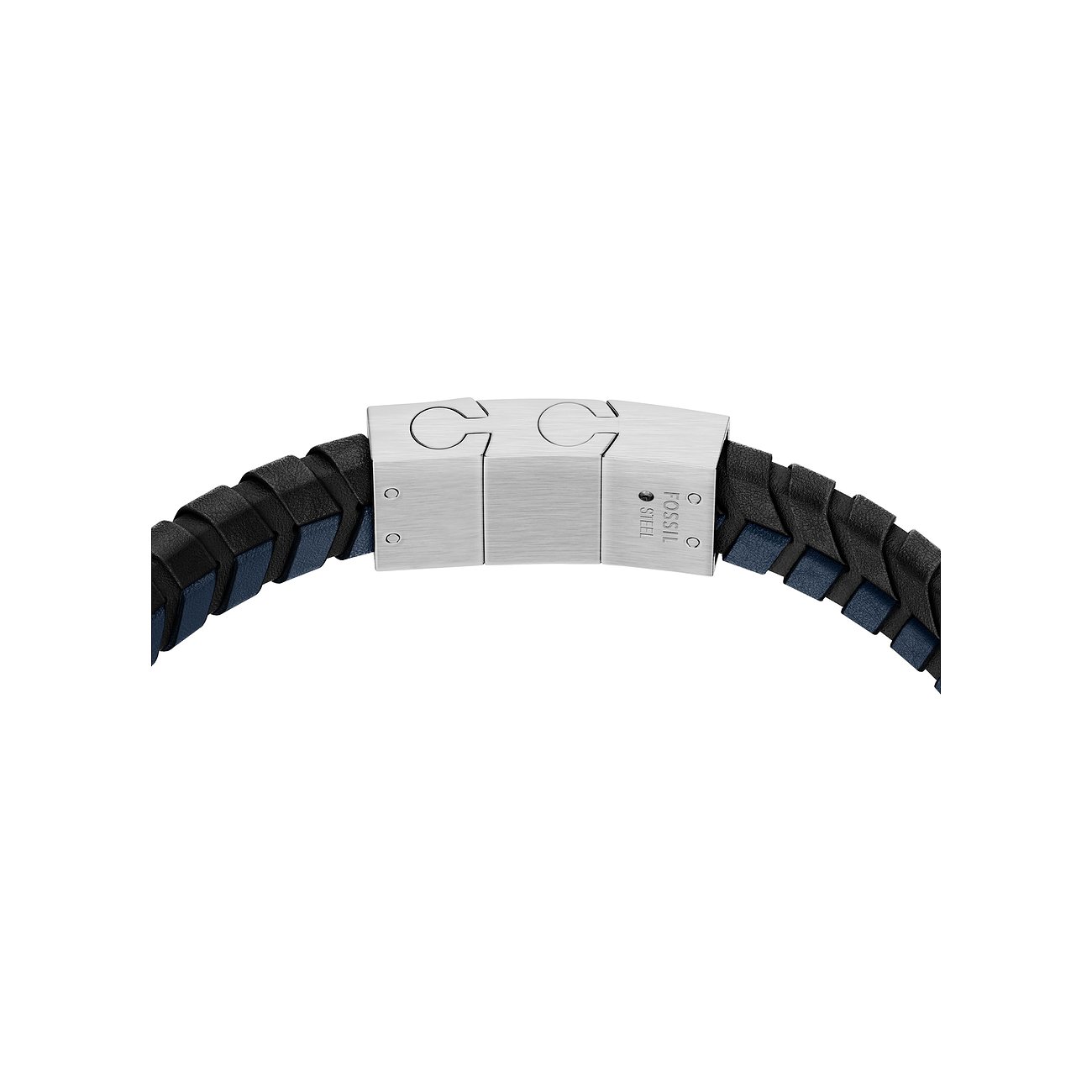Fossil Armschmuck aus geflochtenem schwarzem und blauem Leder mit gebürsteter Edelstahl-Schließe und Fossil-Gravur.