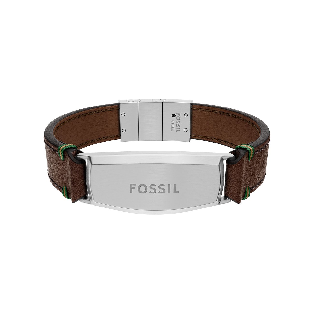 Fossil Armband aus braunem Leder mit einem Mittelteil und einem Verschluss aus Edelstahl mit Fossil Logo.