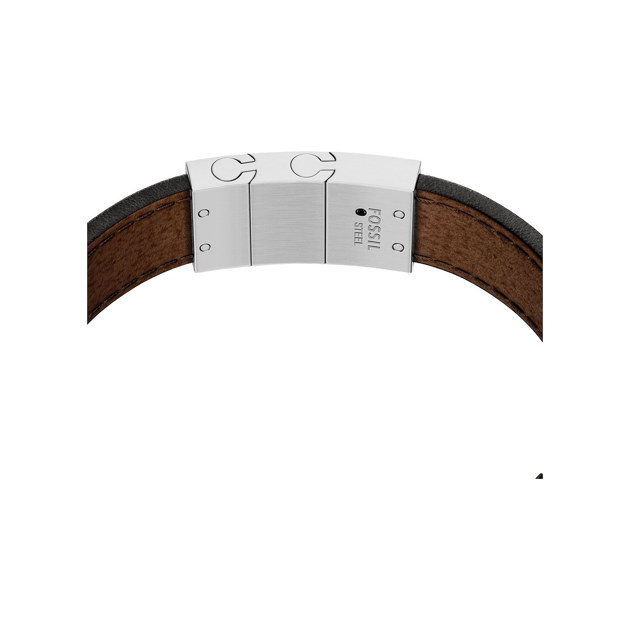 Nahaufnahme des Verschlusses eines Fossil Armschmuck aus braunem Leder mit einem rechteckigen Edelstahlverschluss.