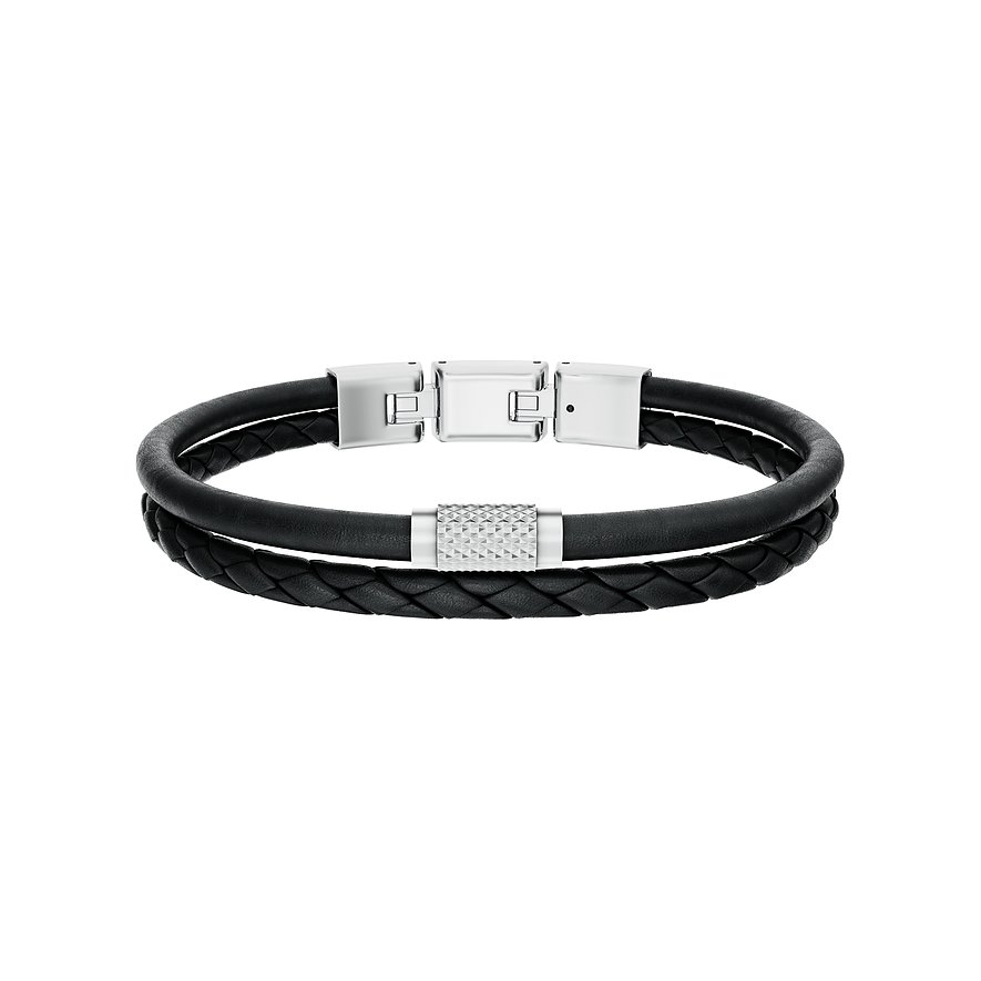 Fossil zweireihiges Armband aus schwarzem Leder mit geflochtenem Detail und silberfarbenen Edelstahlverschlüssen.