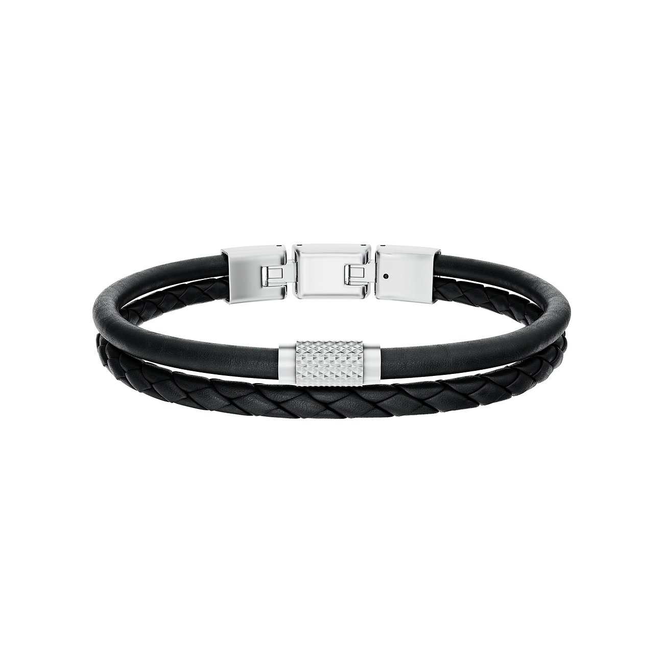 Fossil zweireihiges Armband aus schwarzem Leder mit geflochtenem Detail und silberfarbenen Edelstahlverschlüssen.