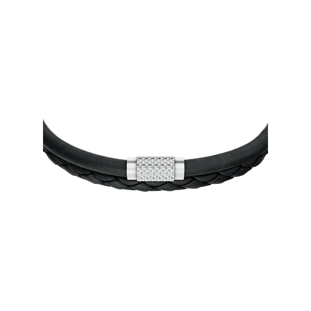 Fossil Armschmuck aus schwarzem, doppelt geflochtenem Leder mit einem strukturierten Edelstahl-Magnetverschluss.