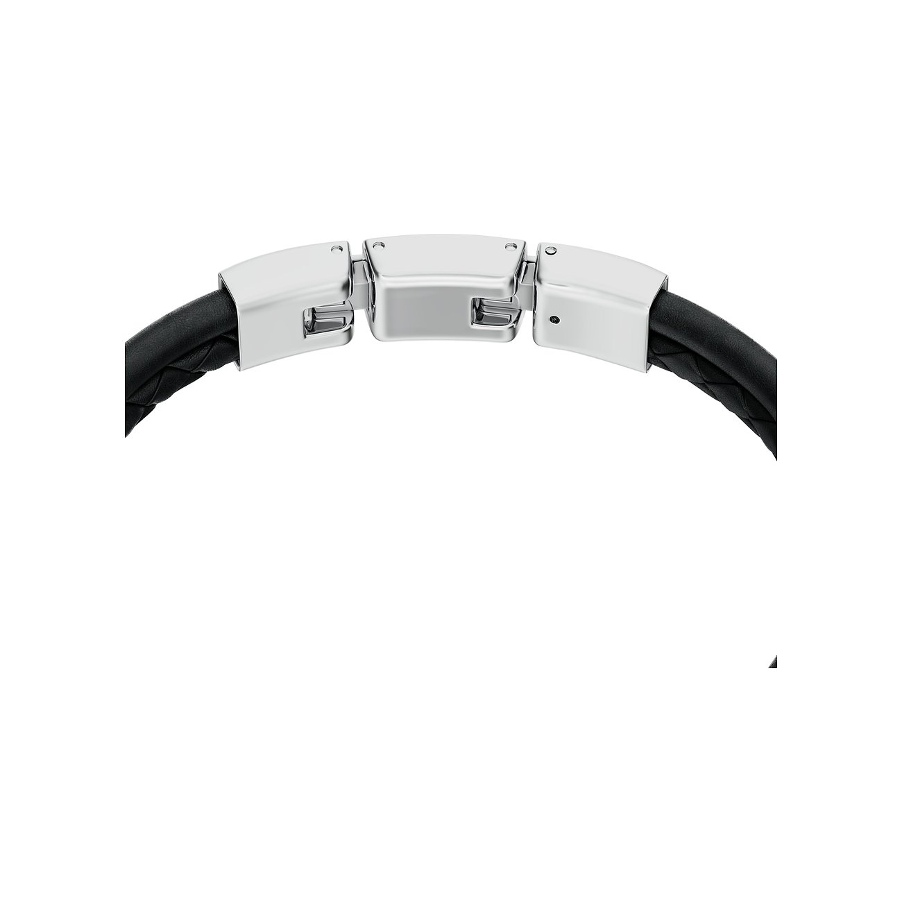Detailaufnahme des Verschlusses eines Fossil Armschmucks aus Leder und Edelstahl auf weißem Hintergrund.