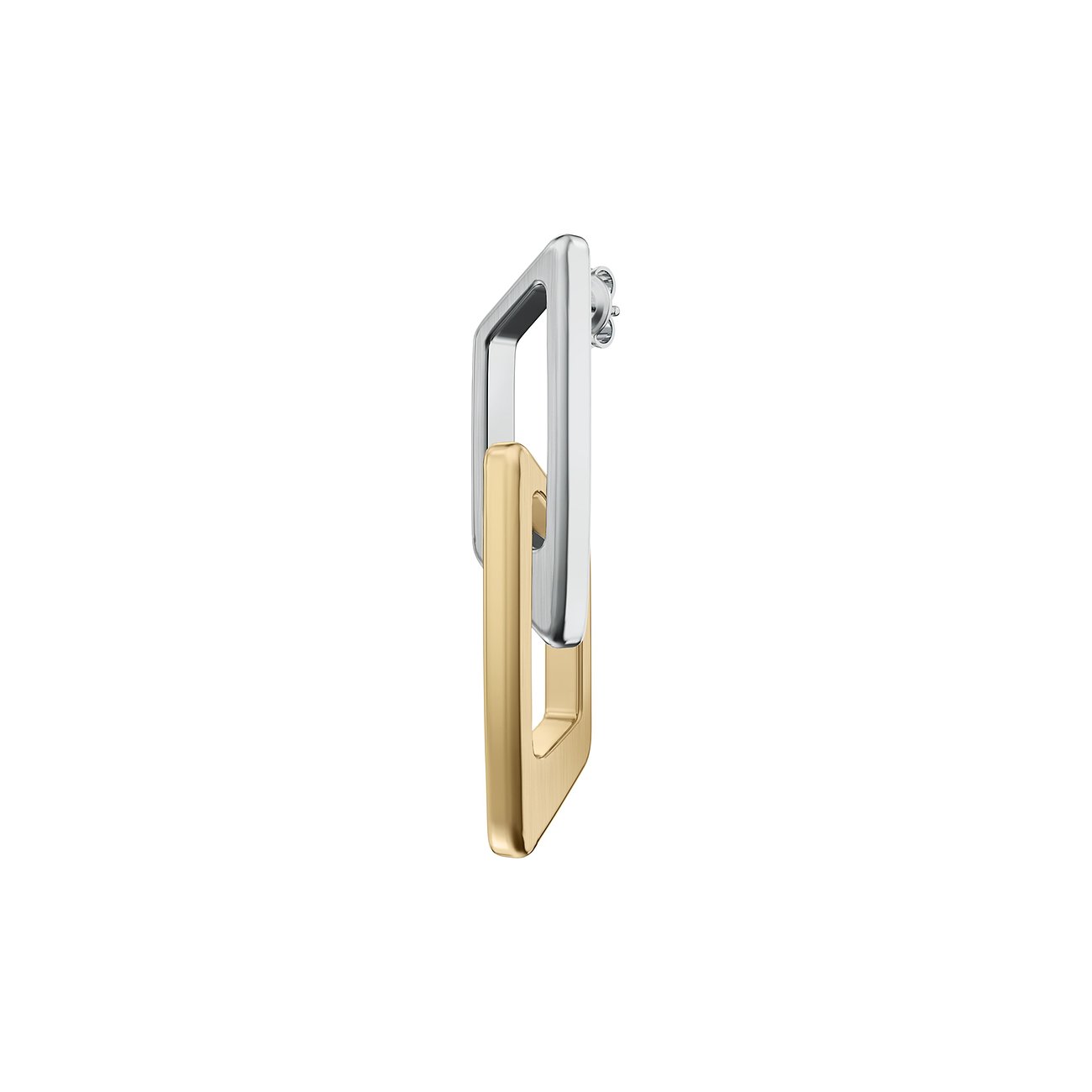 Diesel Ohrstecker aus Edelstahl mit zwei verschlungenen, geometrischen Formen, eine silberfarben und eine goldfarben.