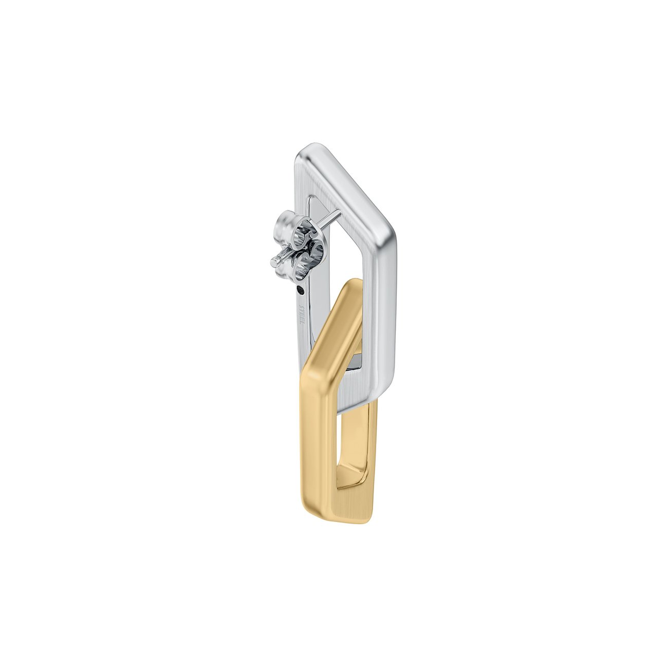 Diesel Ohrschmuck aus Edelstahl mit einem silberfarbenen und goldenen rechteckigen Kettenglied, im Detail.