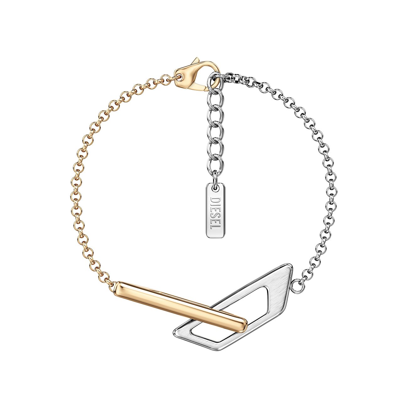 Diesel Armschmuck aus Edelstahl, halb goldfarben, halb silberfarben, mit Stabausschnitt und Diesel Logo.