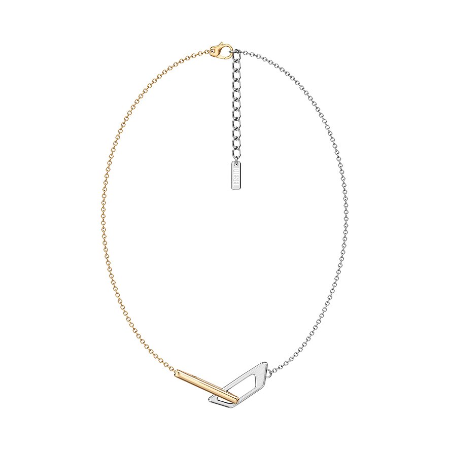 Diesel Halskette aus zweifarbigem Edelstahl mit zweigeteilter Kette und einem Anhänger in geometrischer Form.