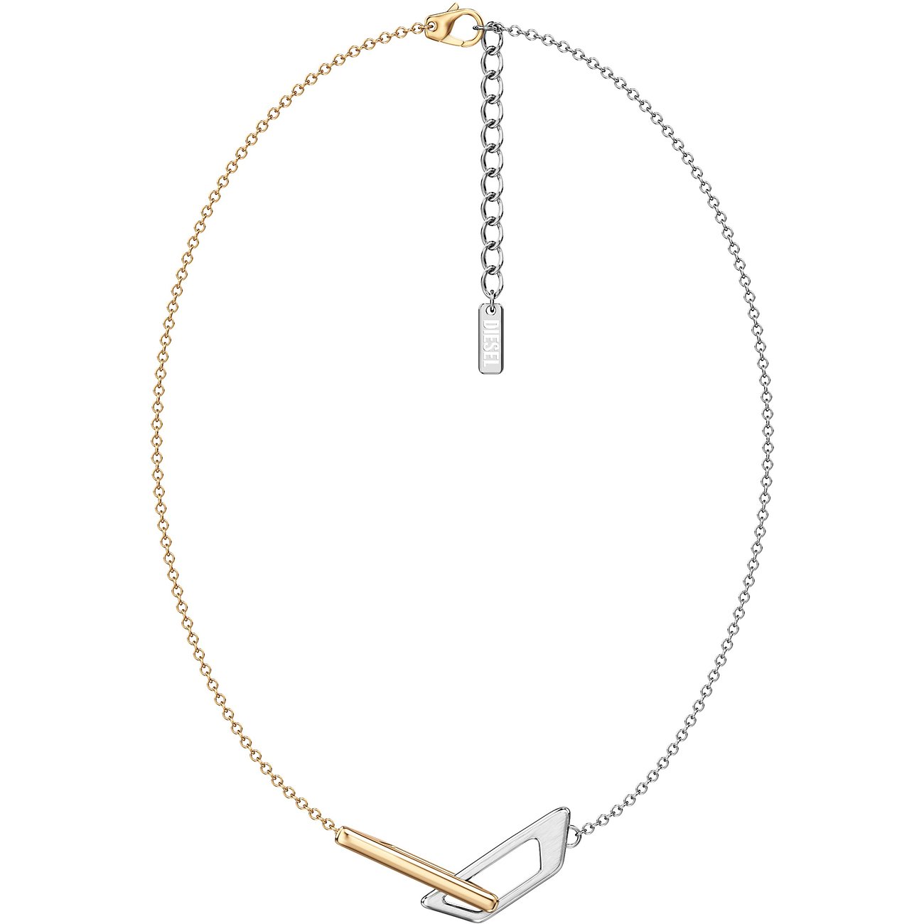 Diesel Halskette aus zweifarbigem Edelstahl mit zweigeteilter Kette und einem Anhänger in geometrischer Form.