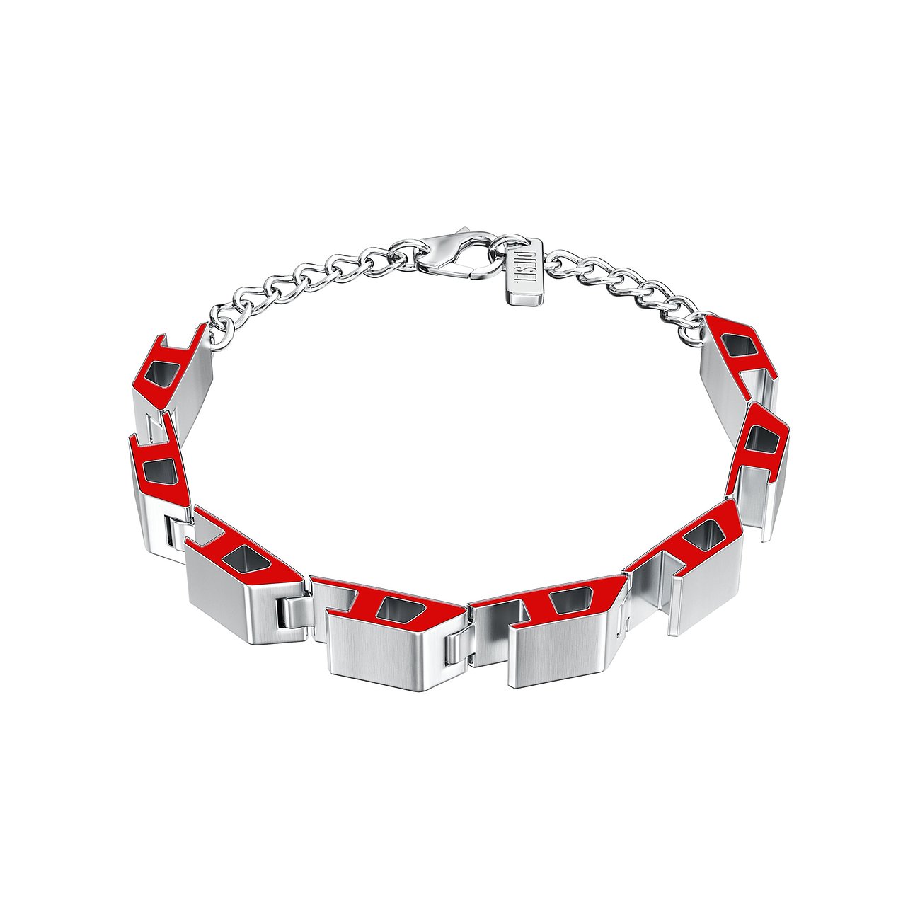Diesel Armschmuck aus Edelstahl mit rot emaillierten, rechteckigen Gliedern und Karabinerverschluss.