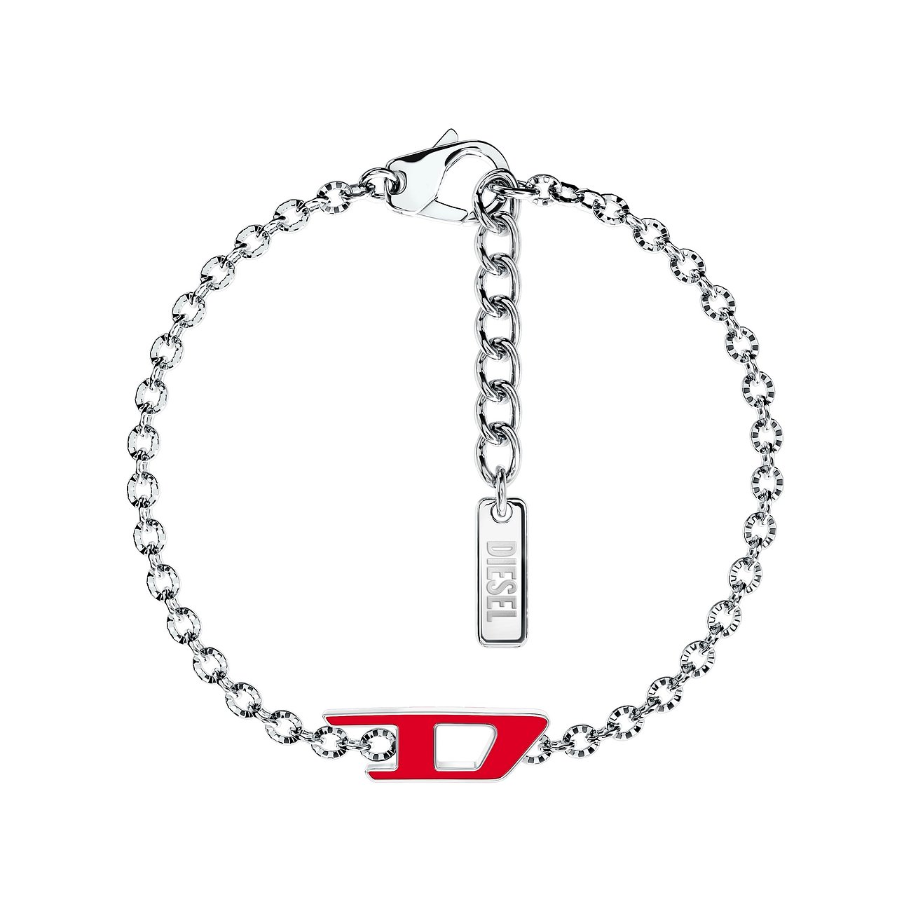 Diesel Armband aus Edelstahl mit roter Emaille und dem Markenlogo in Form eines „D“ in der Mitte.