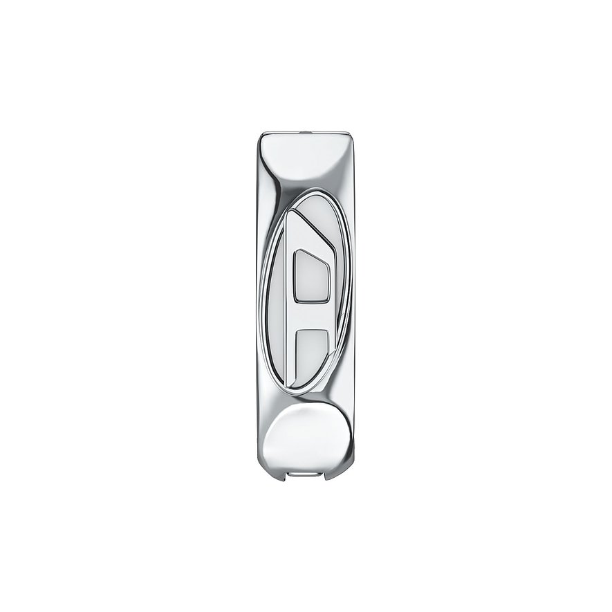 Diesel-Ohrschmuck aus Edelstahl, ein längliches, glänzendes Element mit dem detaillierten Markenlogo in der Mitte