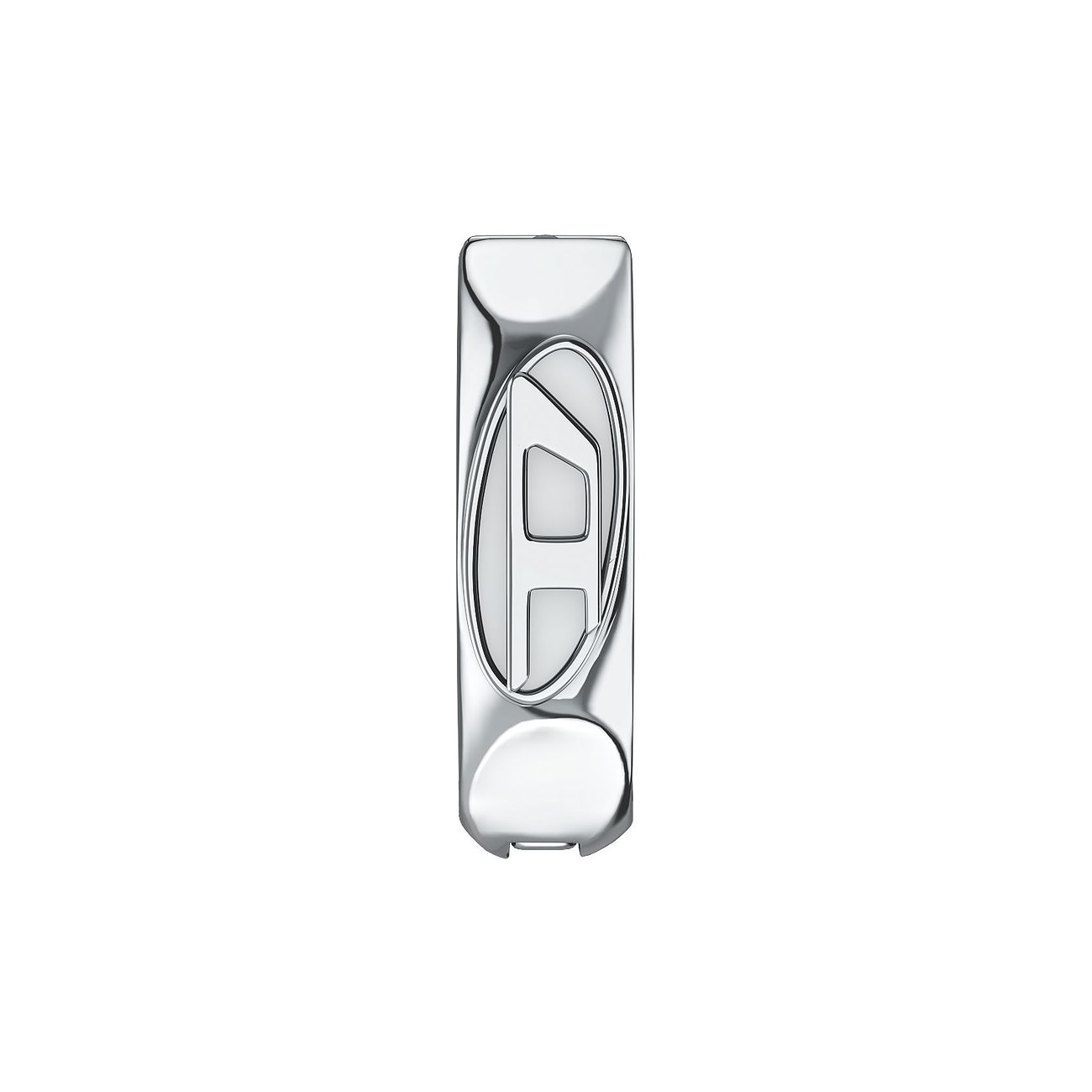 Diesel-Ohrschmuck aus Edelstahl, ein längliches, glänzendes Element mit dem detaillierten Markenlogo in der Mitte