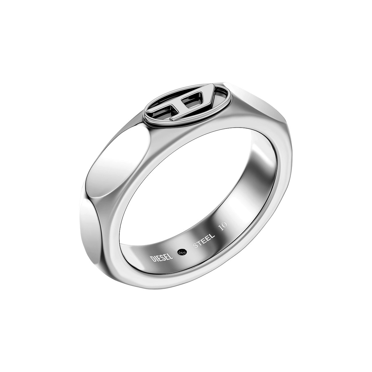 Diesel-ring i rustfrit stål med præget Diesel-logo i midten, set fra oven.