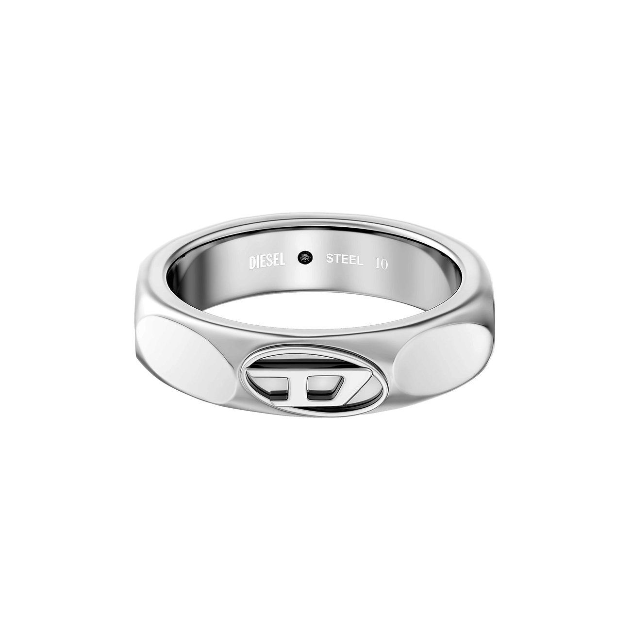 Skinnende Diesel-ring af rustfrit stål, med indsat Diesel-logo foran og indgraveret skrift indvendigt.