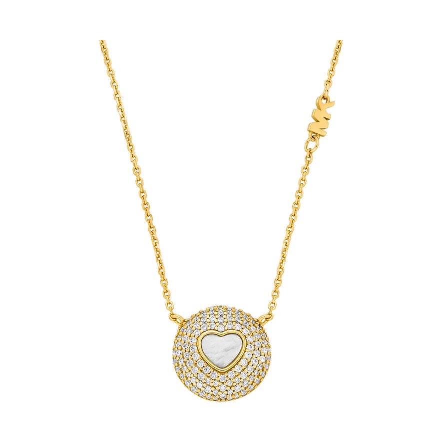 Michael Kors Halskette aus goldenem Silber mit Zirkonia, mit rundem Anhänger und herzförmiger Einlage.