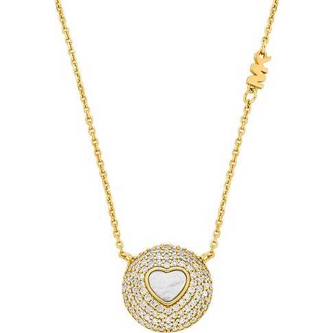 Michael Kors Halskette aus goldenem Silber mit Zirkonia, mit rundem Anhänger und herzförmiger Einlage.
