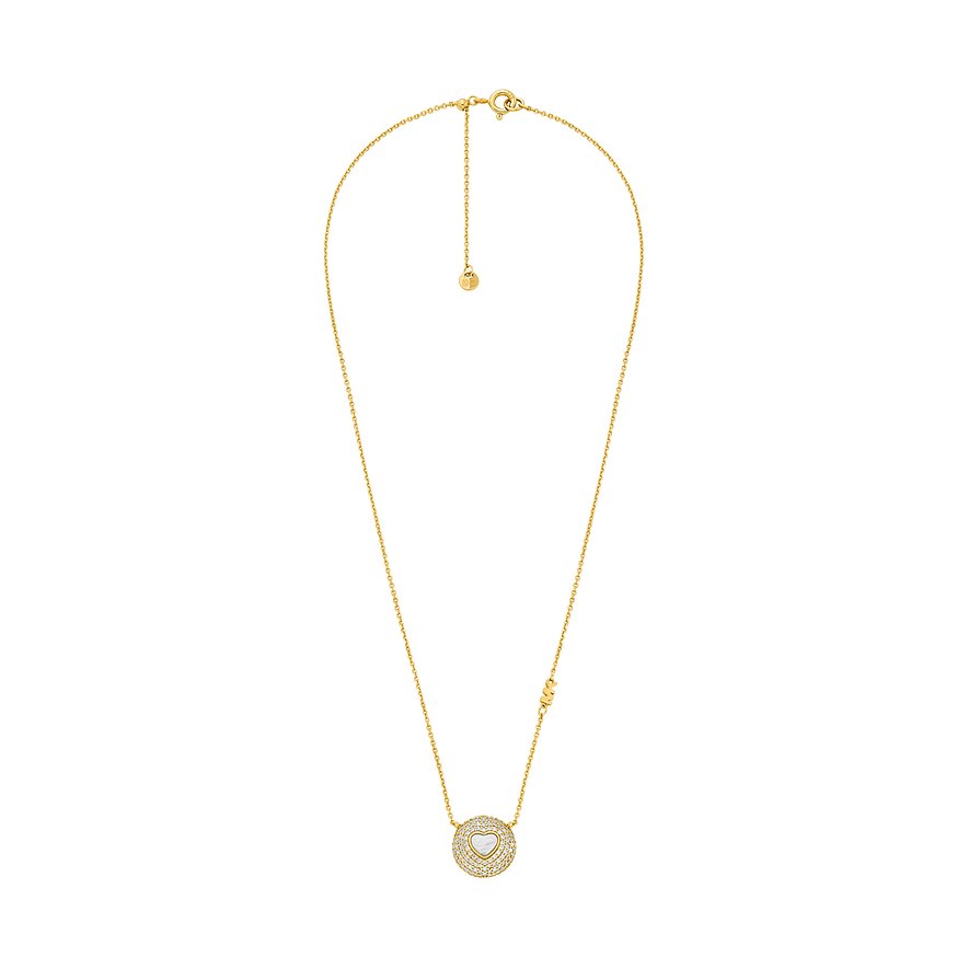 Michael Kors Silberkette mit goldener Beschichtung und Herzanhänger, umrandet von Zirkonia-Farbsteinen.
