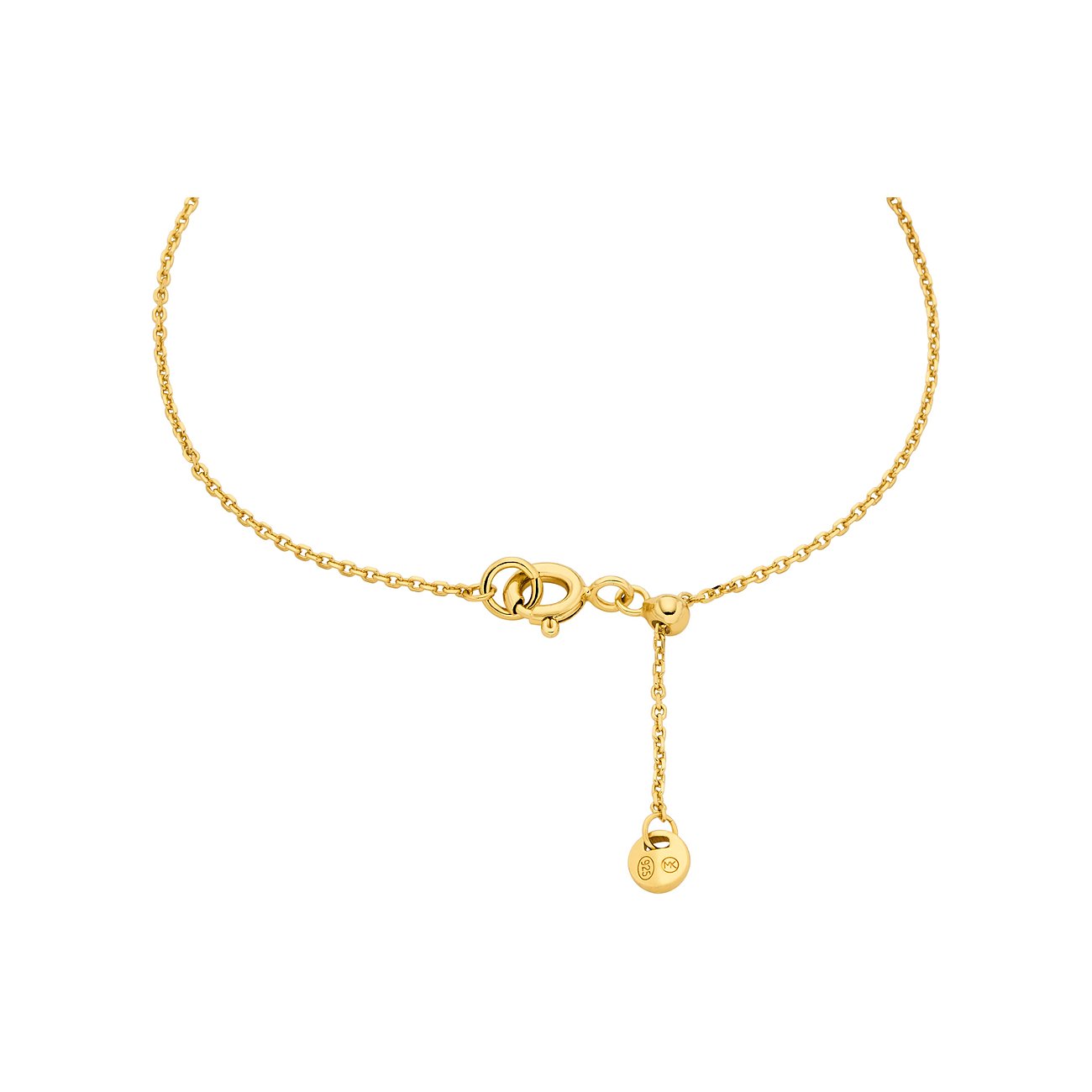 Nahaufnahme der Michael Kors Silberarmband-Kette in Gold, mit Verschluss und herabhängender Verlängerungskette.