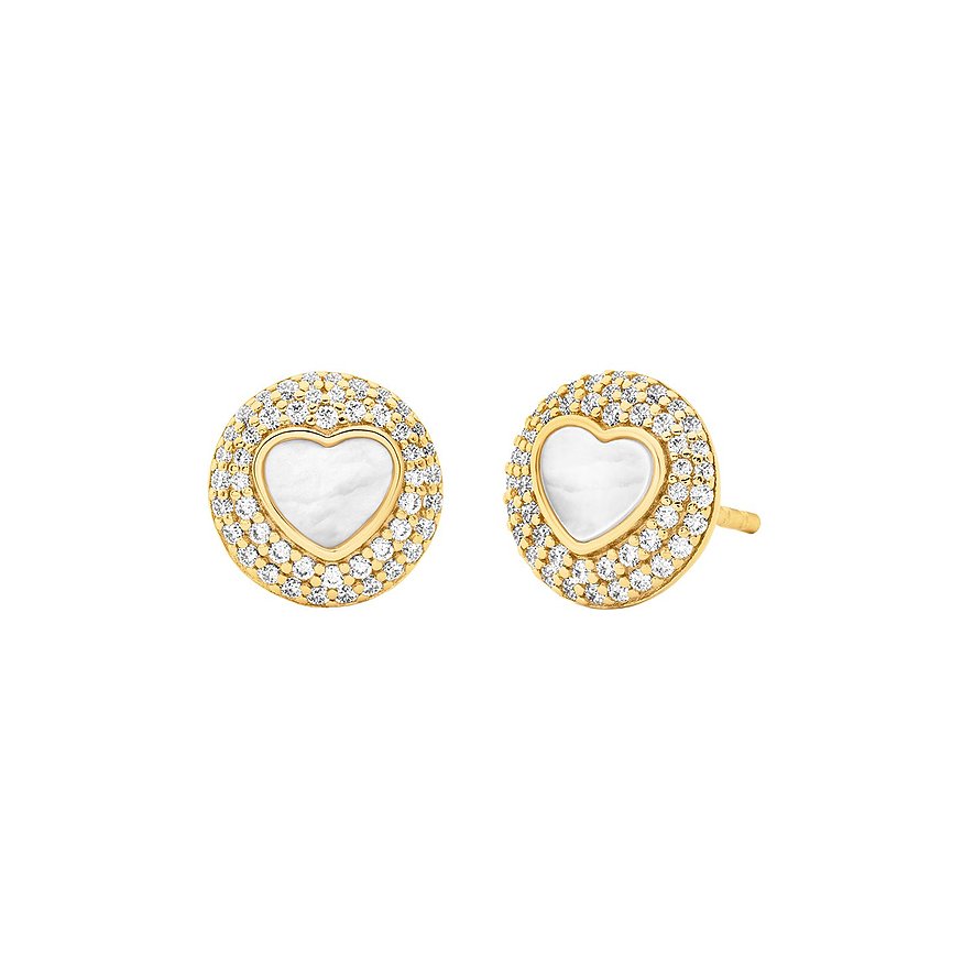 Goldfarbene Michael Kors Ohrstecker aus Silber. Runder Umriss mit Zirkonia-Steinen, weiße Herzmitte.