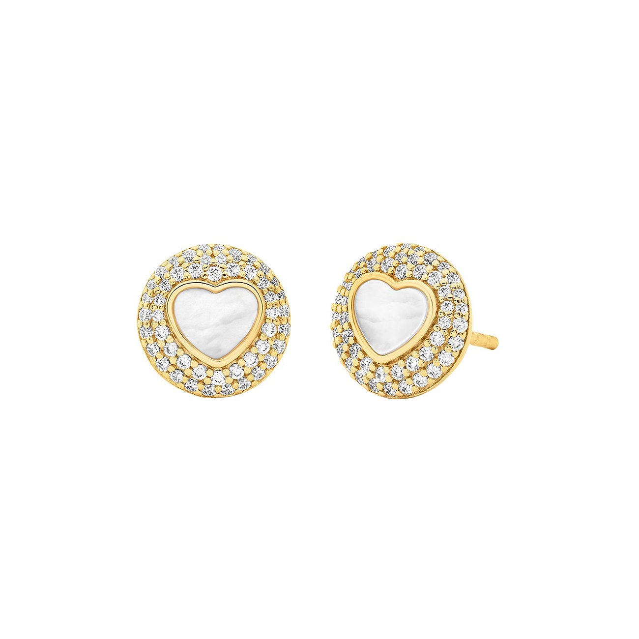 Goldfarbene Michael Kors Ohrstecker aus Silber. Runder Umriss mit Zirkonia-Steinen, weiße Herzmitte.