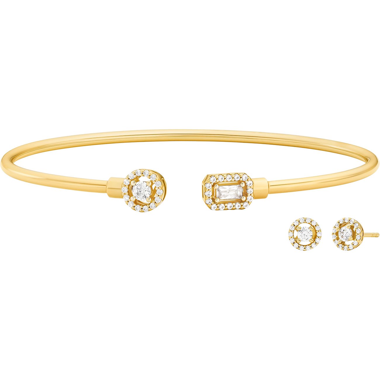 Michael Kors Schmuckset aus goldfarbenem 925er Silber mit Armreif und Ohrsteckern, besetzt mit Zirkonia.