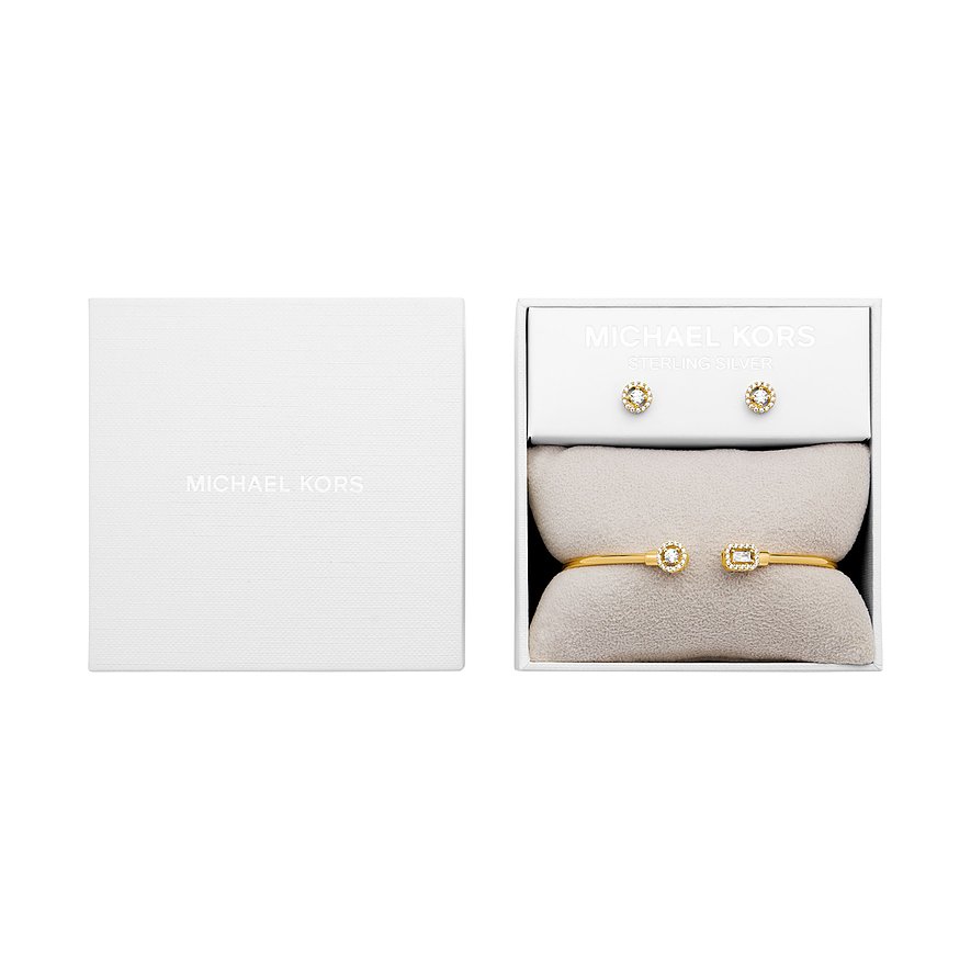 Michael Kors Schmuckset aus goldfarbenem 925er Silber mit Zirkonia, bestehend aus Armreif und Ohrsteckern.