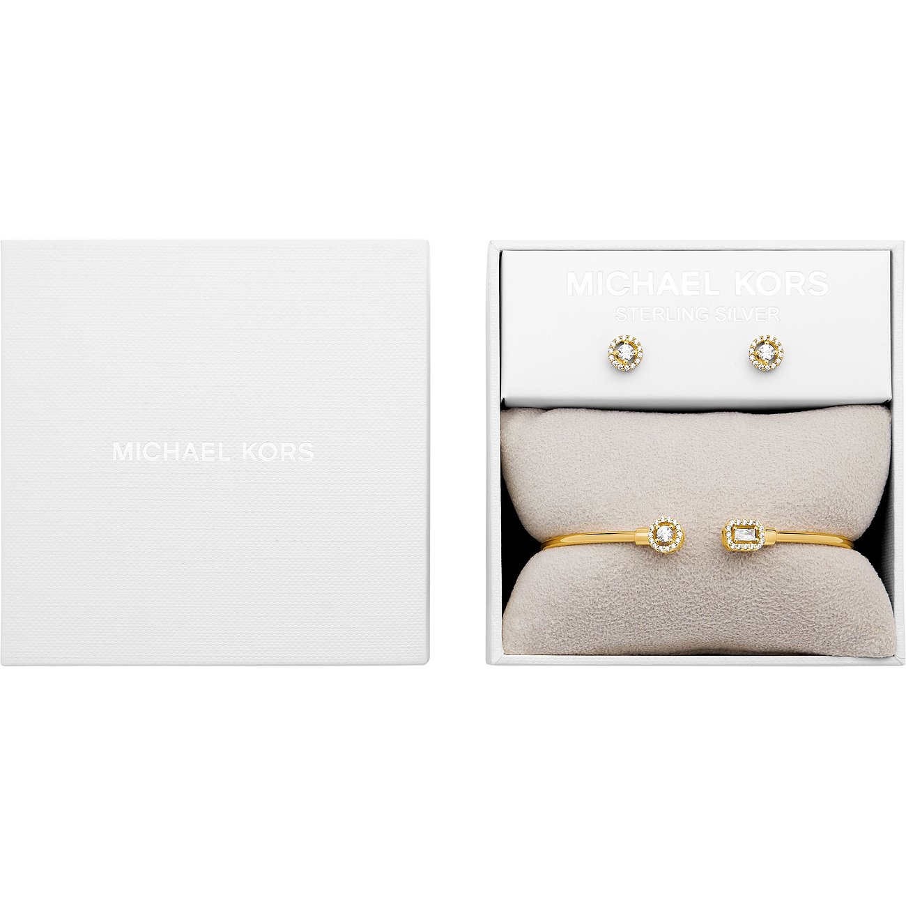 Michael Kors Schmuckset aus goldfarbenem 925er Silber mit Zirkonia, bestehend aus Armreif und Ohrsteckern.